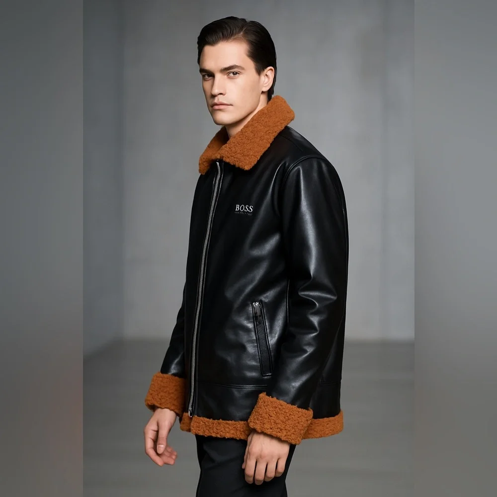 Faux Leather Shearling Jacket XL Black & Rust Teddy Lined